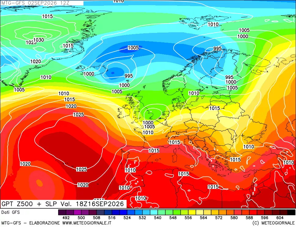 mappa GFS: Geopotenziale a 500 hPa + Pressione sul livello del mare