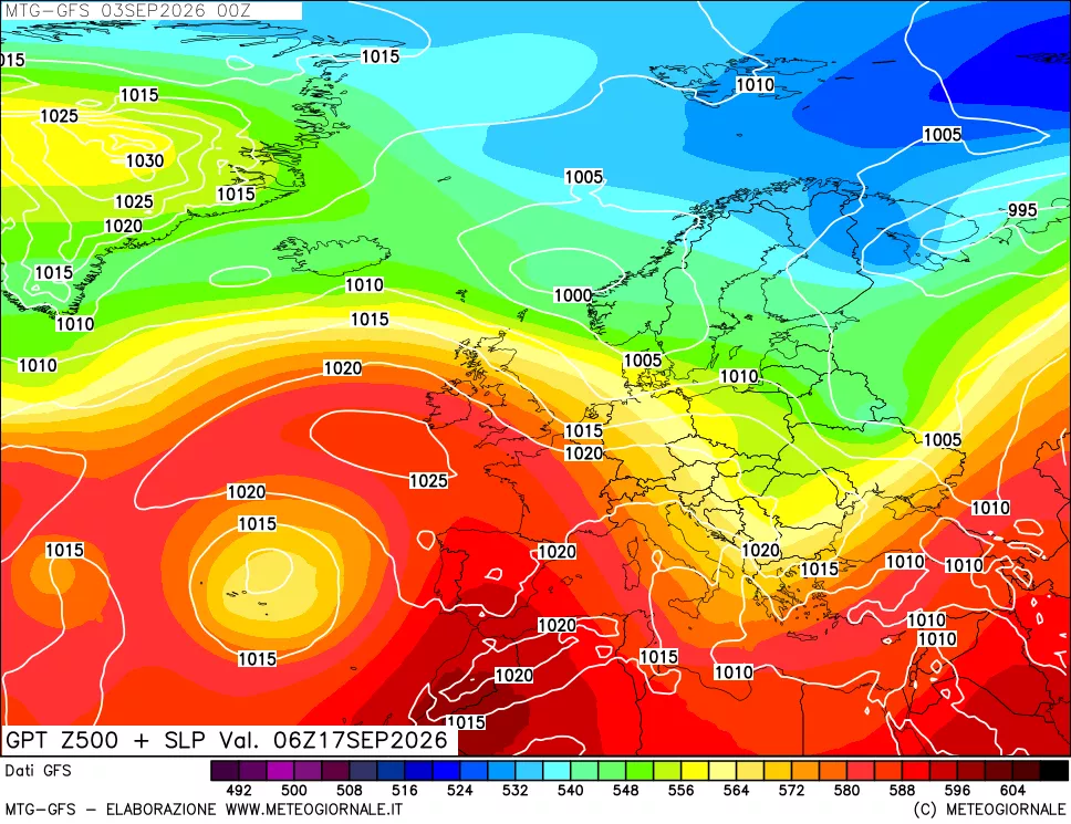mappa GFS: Geopotenziale a 500 hPa + Pressione sul livello del mare