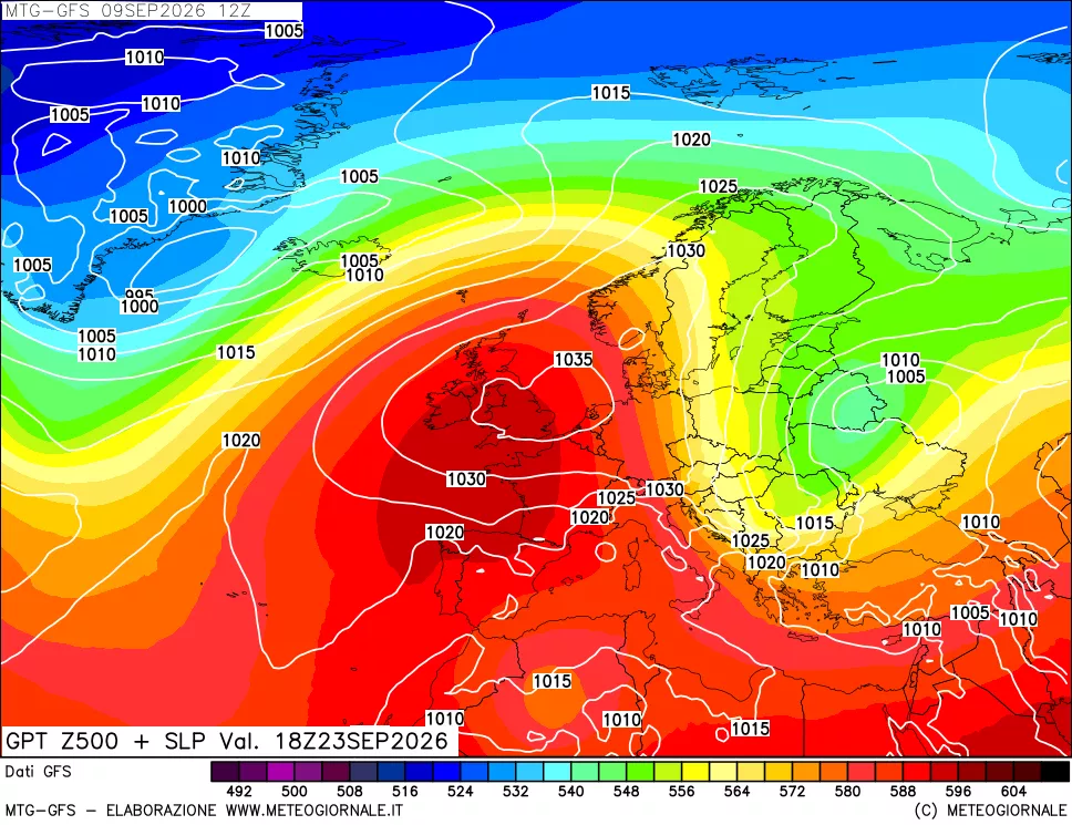 mappa GFS: Geopotenziale a 500 hPa + Pressione sul livello del mare