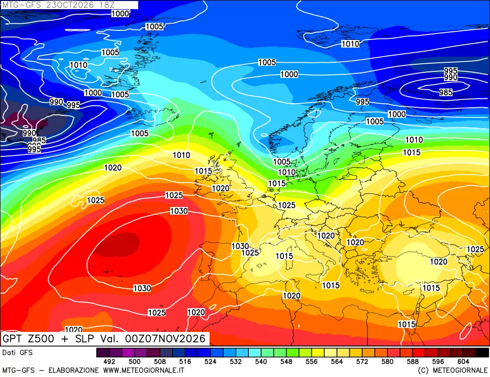 mappa GFS: Geopotenziale a 500 hPa + Pressione sul livello del mare