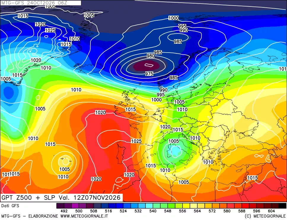 mappa GFS: Geopotenziale a 500 hPa + Pressione sul livello del mare
