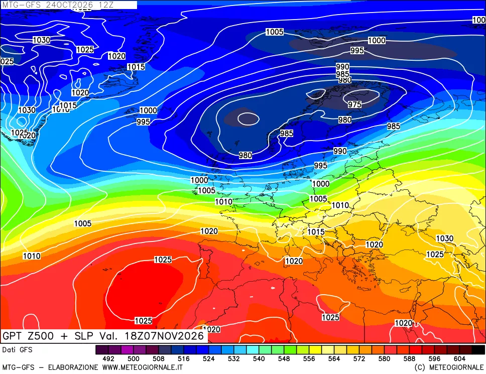mappa GFS: Geopotenziale a 500 hPa + Pressione sul livello del mare