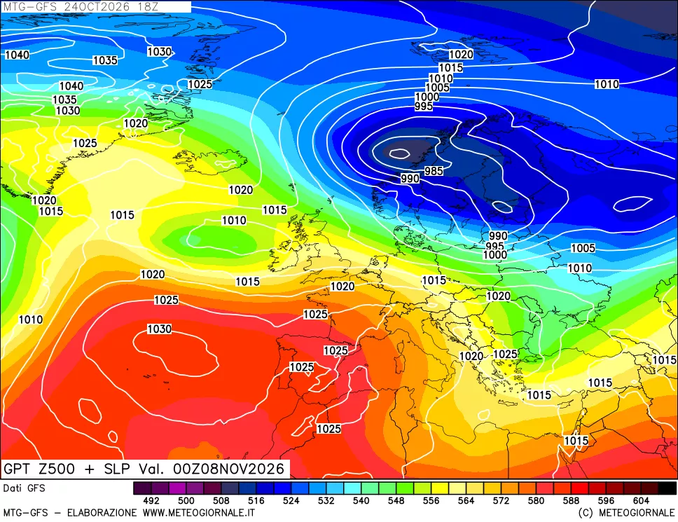 mappa GFS: Geopotenziale a 500 hPa + Pressione sul livello del mare