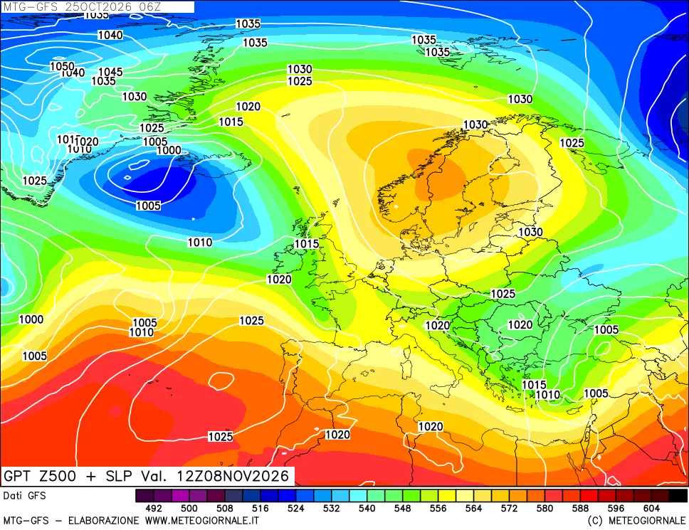 mappa GFS: Geopotenziale a 500 hPa + Pressione sul livello del mare