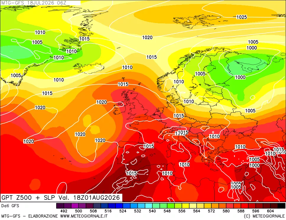 mappa GFS: Geopotenziale a 500 hPa + Pressione sul livello del mare