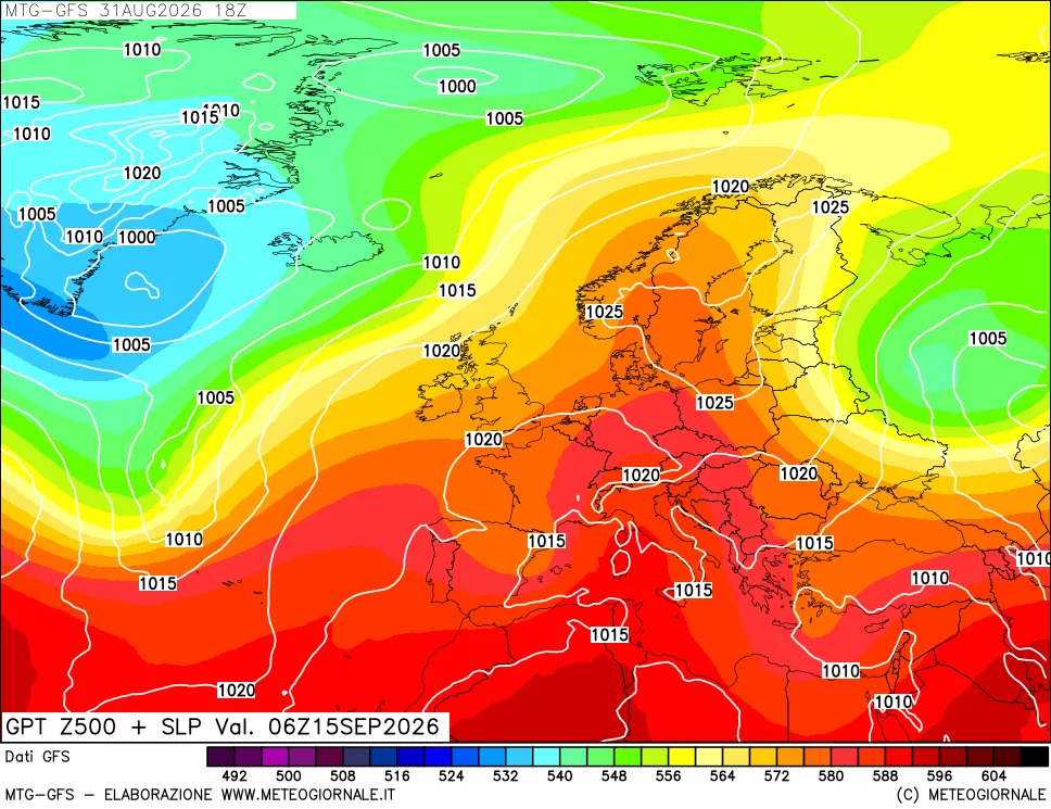 mappa GFS: Geopotenziale a 500 hPa + Pressione sul livello del mare