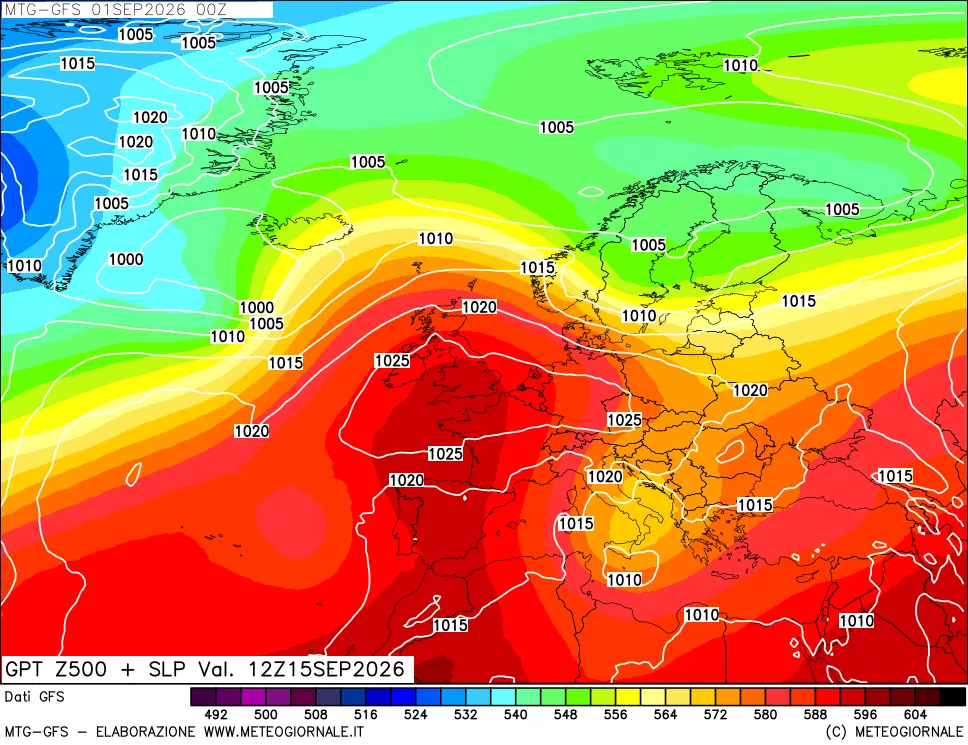 mappa GFS: Geopotenziale a 500 hPa + Pressione sul livello del mare