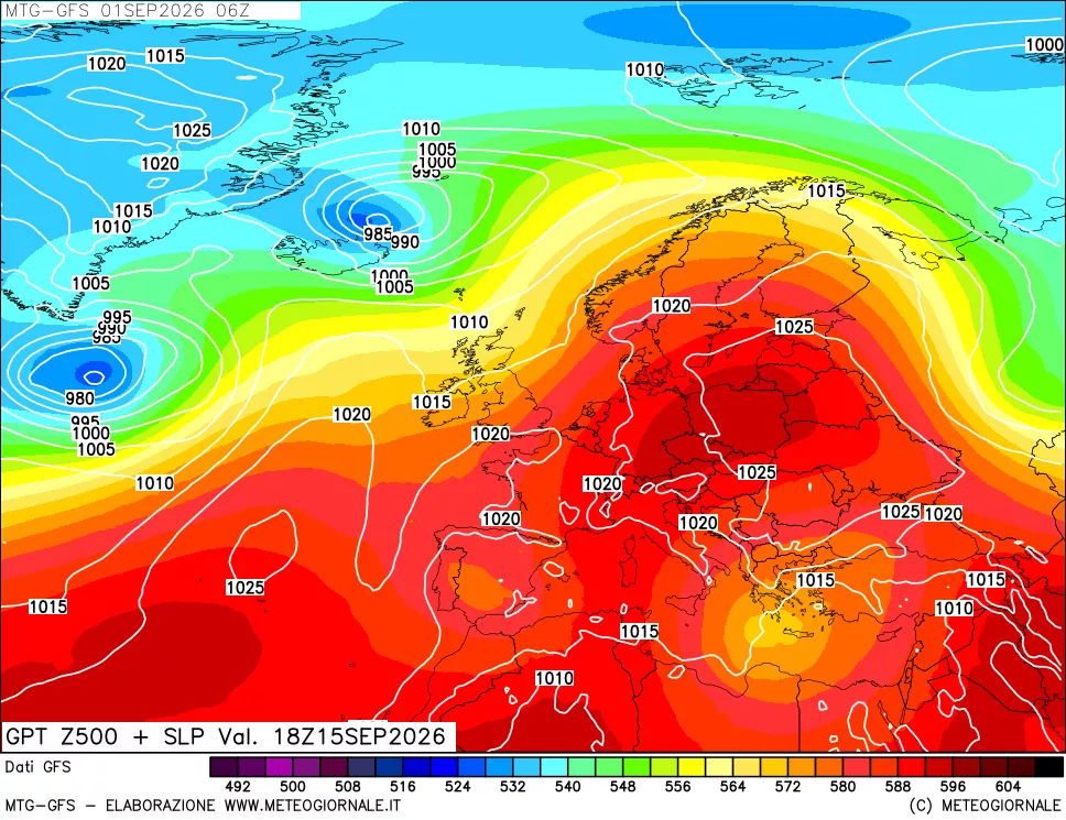 mappa GFS: Geopotenziale a 500 hPa + Pressione sul livello del mare