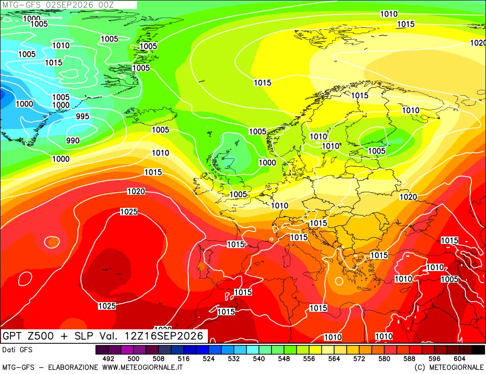 mappa GFS: Geopotenziale a 500 hPa + Pressione sul livello del mare