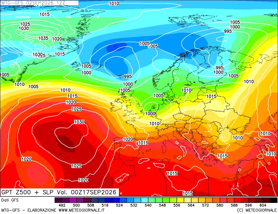 mappa GFS: Geopotenziale a 500 hPa + Pressione sul livello del mare