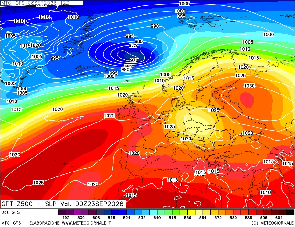 mappa GFS: Geopotenziale a 500 hPa + Pressione sul livello del mare