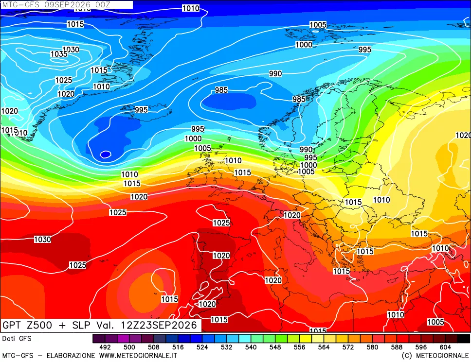mappa GFS: Geopotenziale a 500 hPa + Pressione sul livello del mare