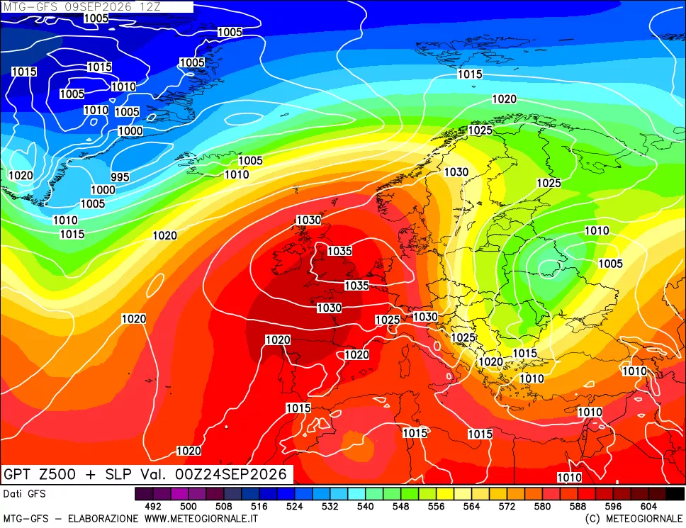 mappa GFS: Geopotenziale a 500 hPa + Pressione sul livello del mare
