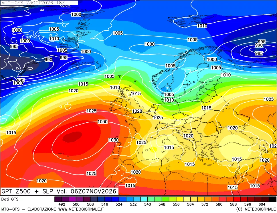 mappa GFS: Geopotenziale a 500 hPa + Pressione sul livello del mare