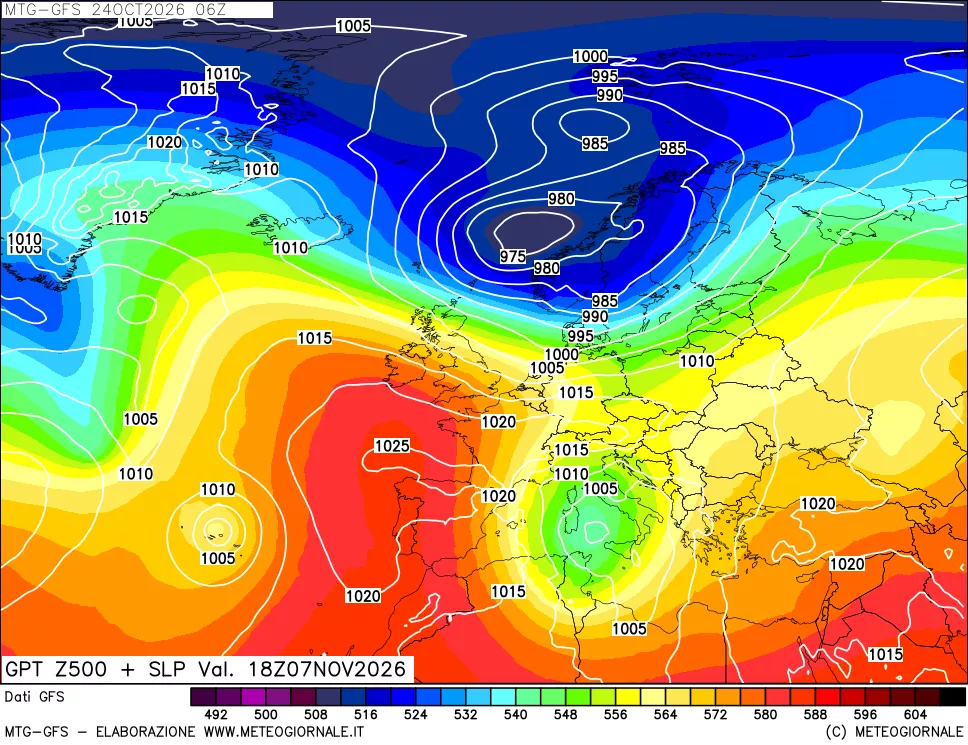 mappa GFS: Geopotenziale a 500 hPa + Pressione sul livello del mare