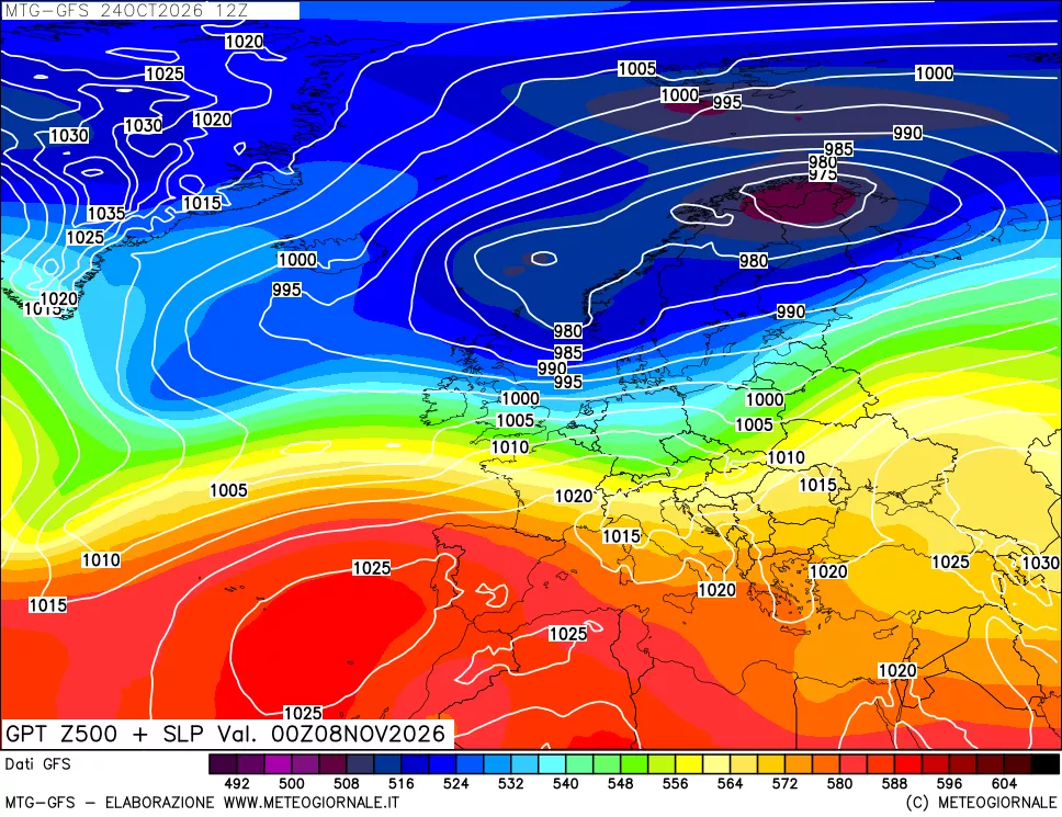 mappa GFS: Geopotenziale a 500 hPa + Pressione sul livello del mare