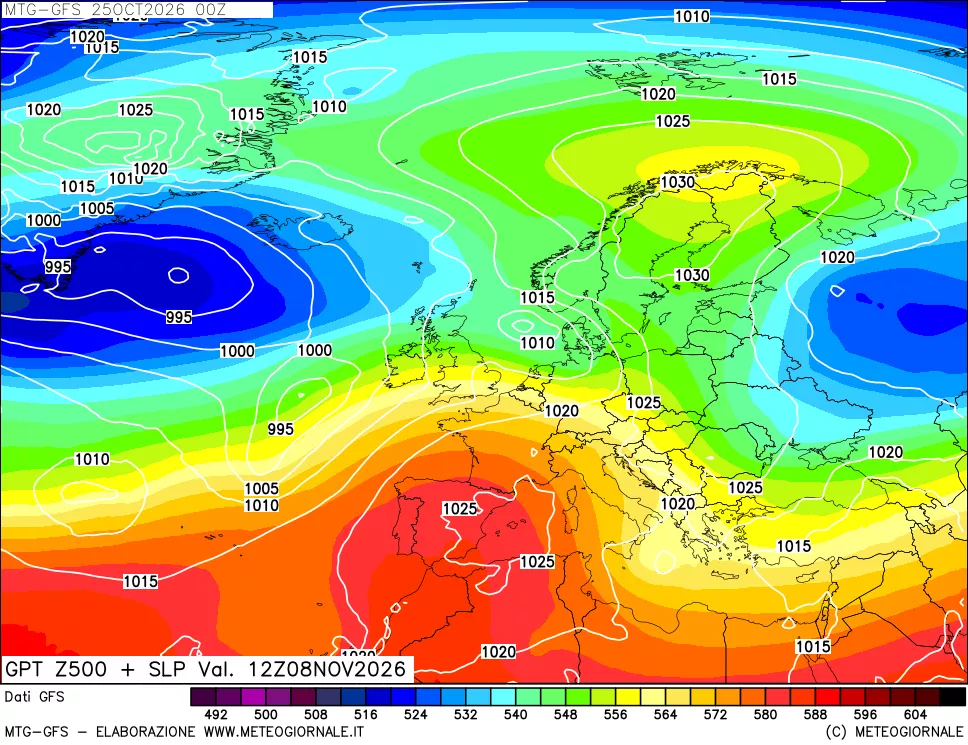 mappa GFS: Geopotenziale a 500 hPa + Pressione sul livello del mare