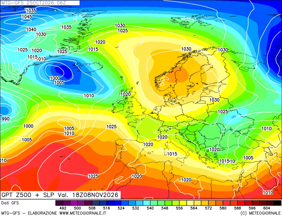 mappa GFS: Geopotenziale a 500 hPa + Pressione sul livello del mare