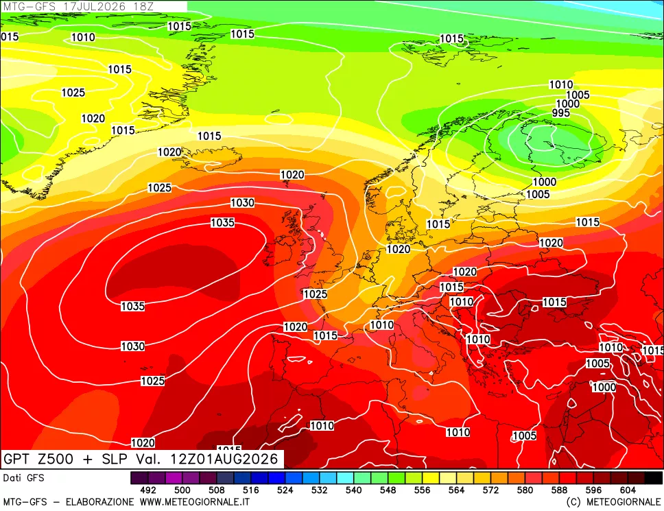 mappa GFS: Geopotenziale a 500 hPa + Pressione sul livello del mare