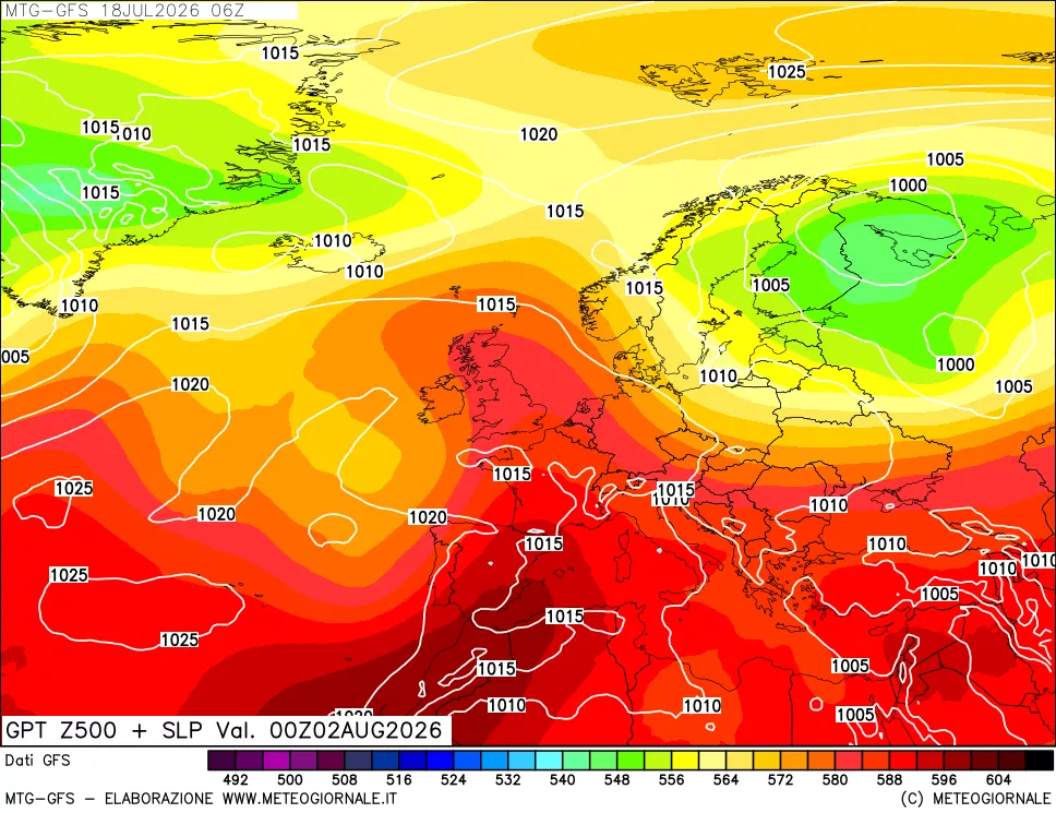 mappa GFS: Geopotenziale a 500 hPa + Pressione sul livello del mare