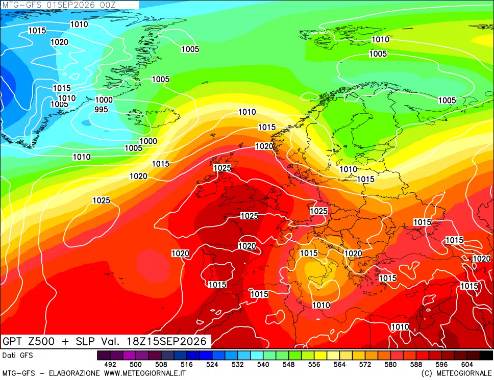 mappa GFS: Geopotenziale a 500 hPa + Pressione sul livello del mare