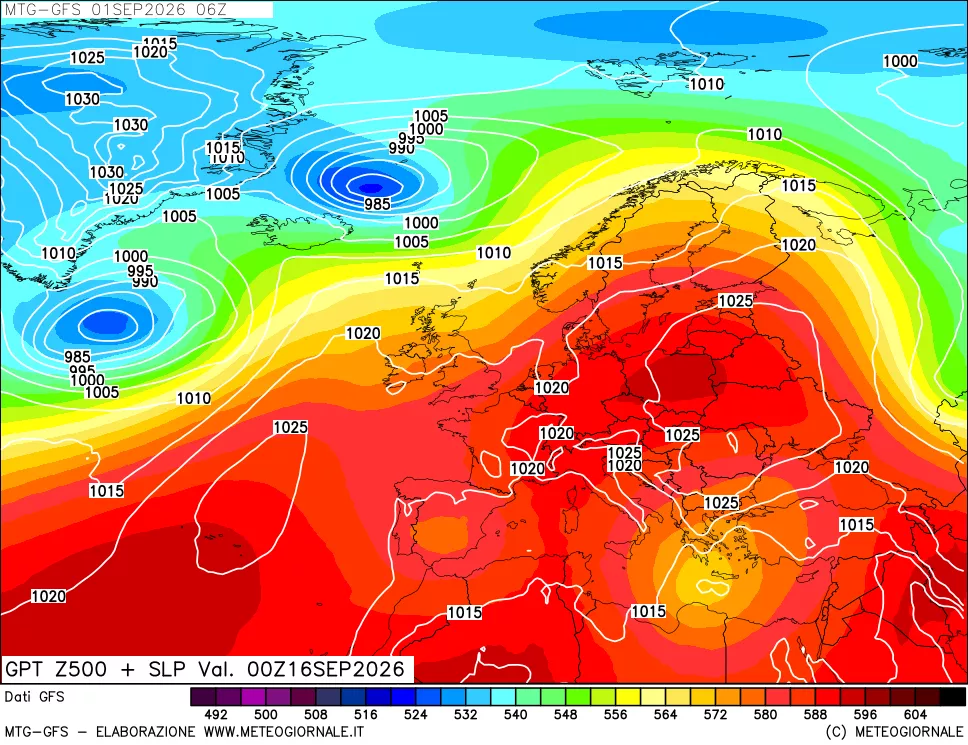 mappa GFS: Geopotenziale a 500 hPa + Pressione sul livello del mare