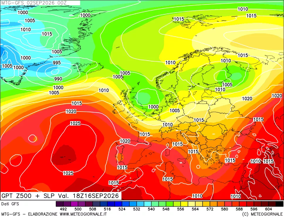 mappa GFS: Geopotenziale a 500 hPa + Pressione sul livello del mare