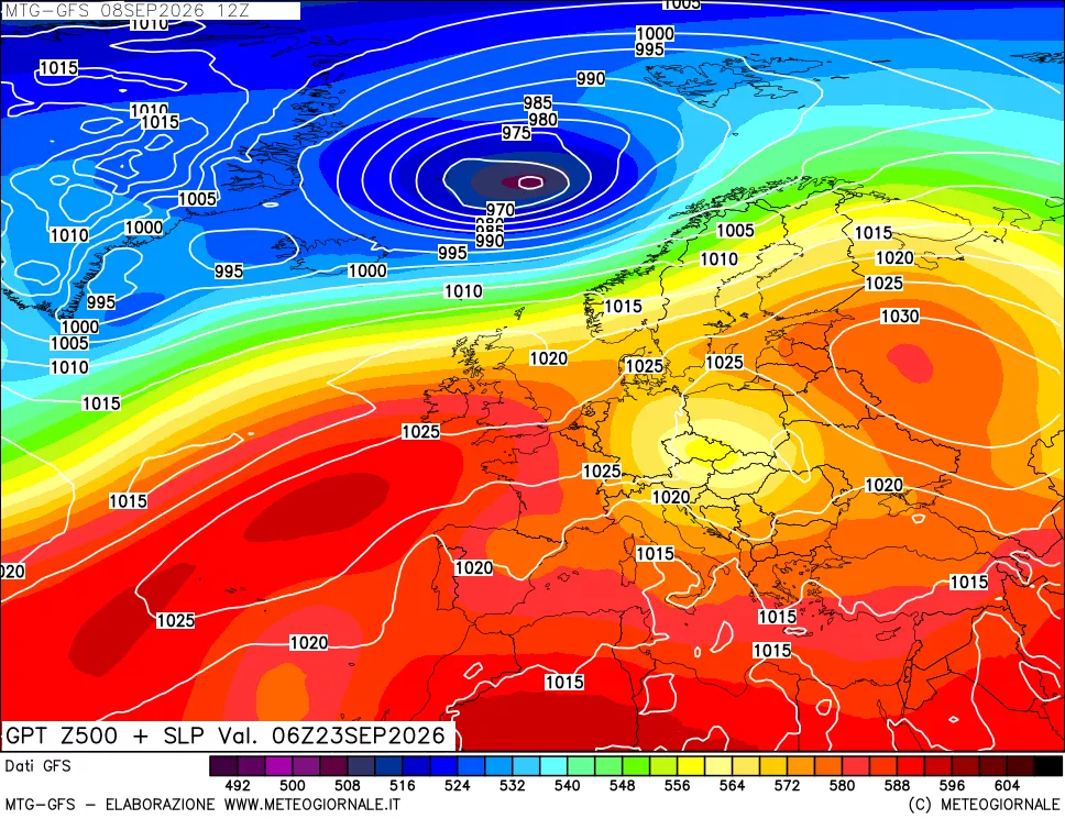 mappa GFS: Geopotenziale a 500 hPa + Pressione sul livello del mare