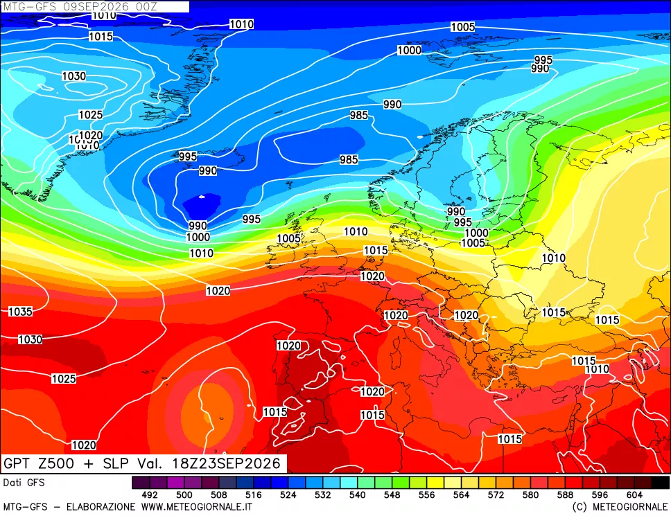 mappa GFS: Geopotenziale a 500 hPa + Pressione sul livello del mare