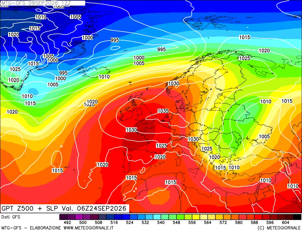 mappa GFS: Geopotenziale a 500 hPa + Pressione sul livello del mare