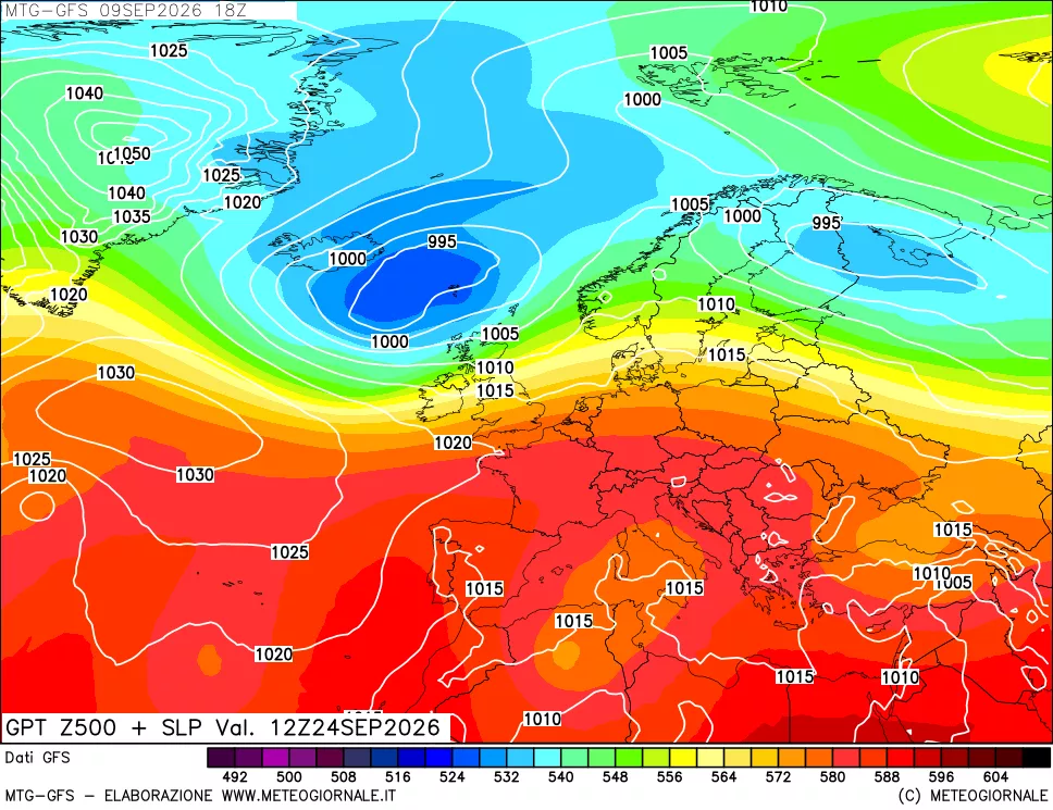 mappa GFS: Geopotenziale a 500 hPa + Pressione sul livello del mare