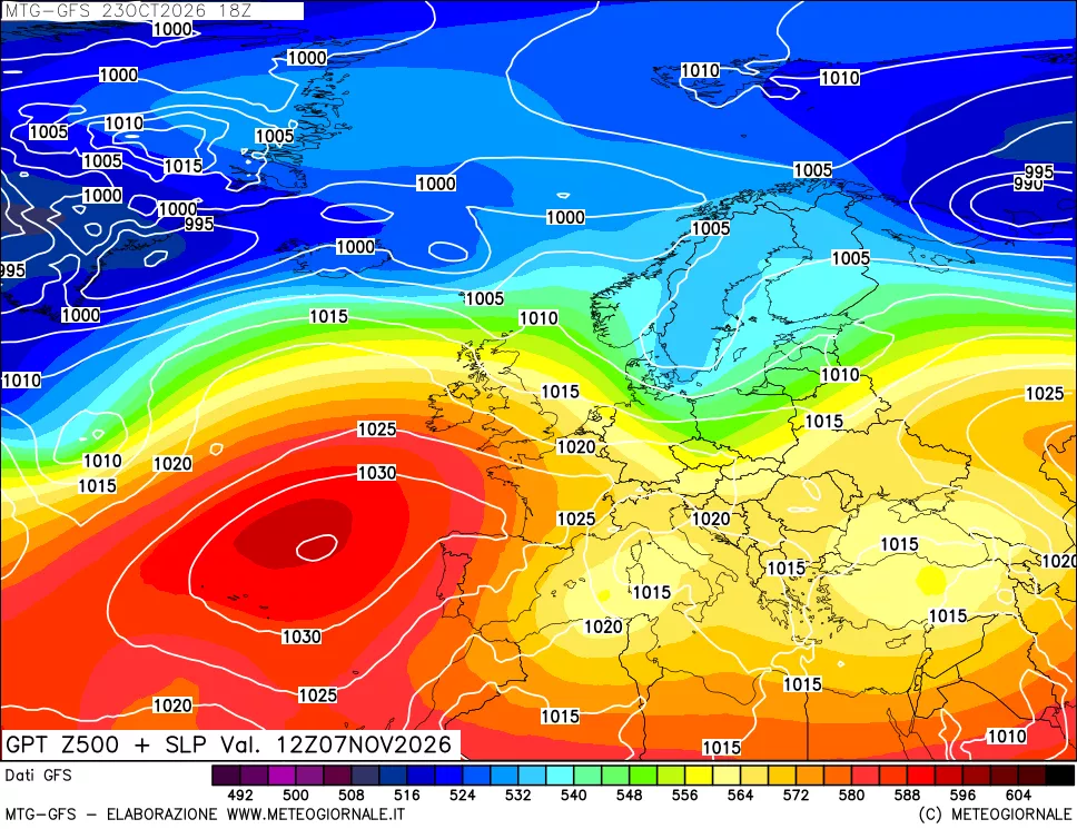 mappa GFS: Geopotenziale a 500 hPa + Pressione sul livello del mare