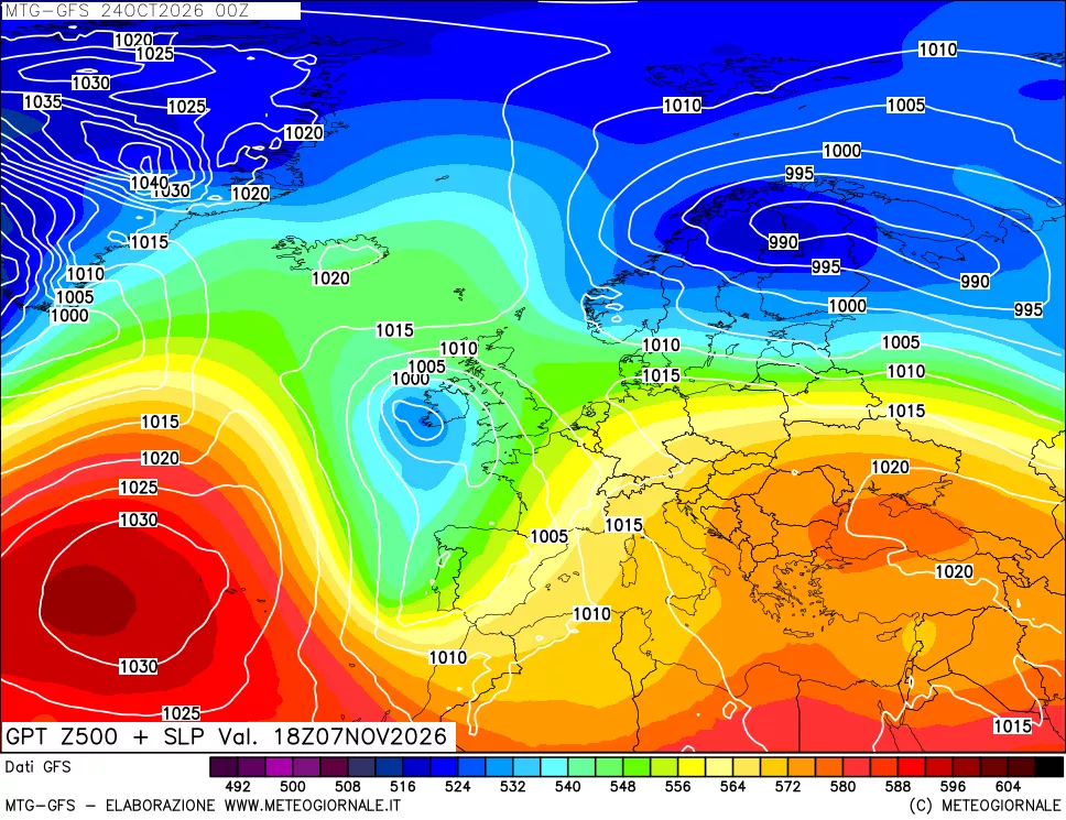 mappa GFS: Geopotenziale a 500 hPa + Pressione sul livello del mare