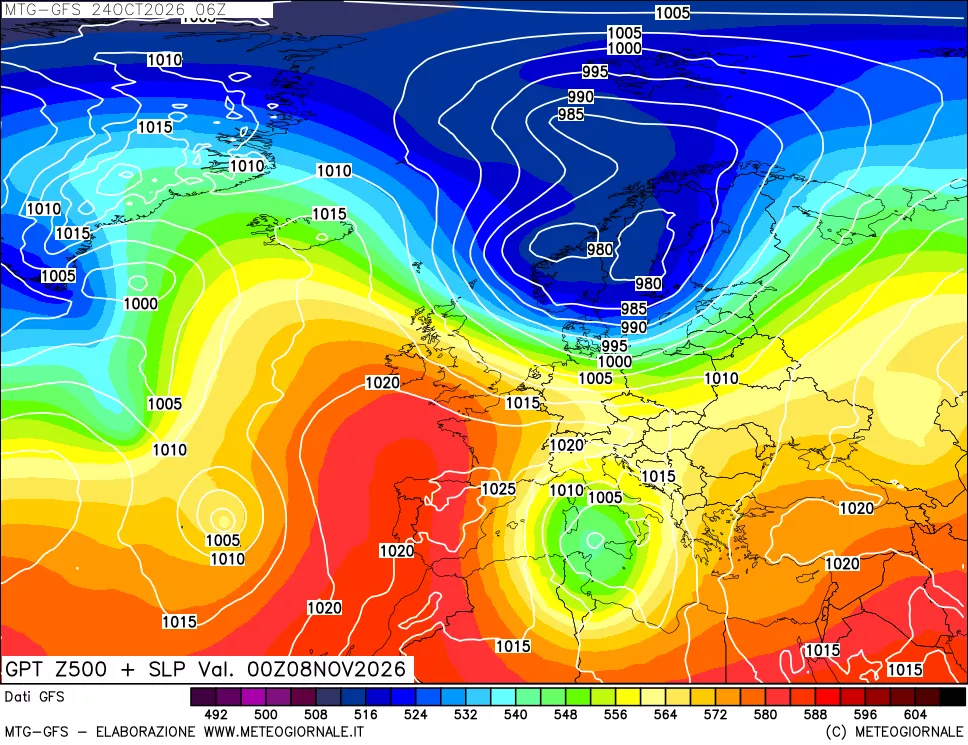 mappa GFS: Geopotenziale a 500 hPa + Pressione sul livello del mare