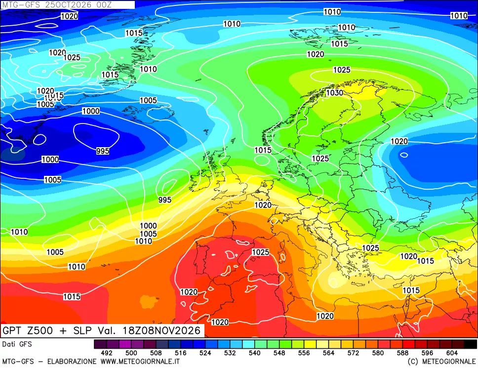 mappa GFS: Geopotenziale a 500 hPa + Pressione sul livello del mare