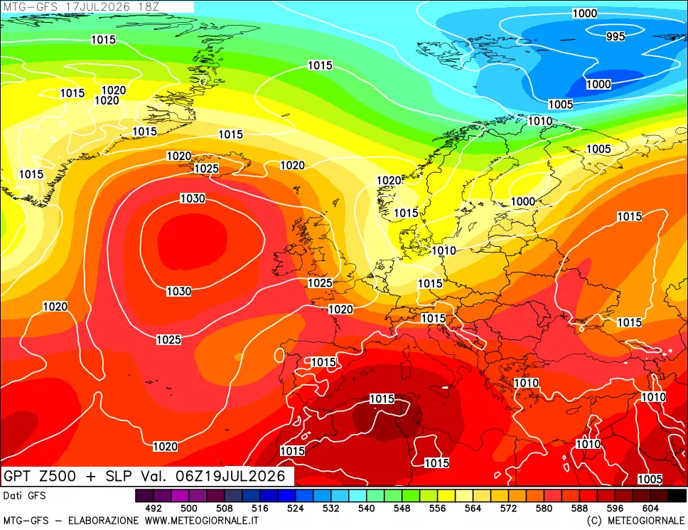 mappa GFS: Geopotenziale a 500 hPa + Pressione sul livello del mare