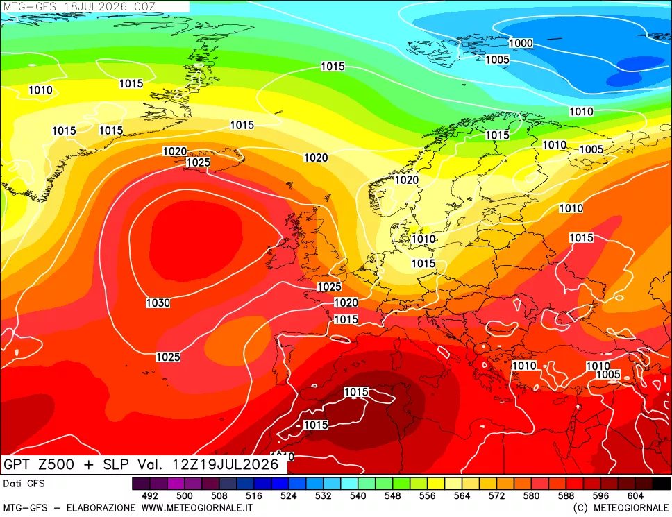 mappa GFS: Geopotenziale a 500 hPa + Pressione sul livello del mare