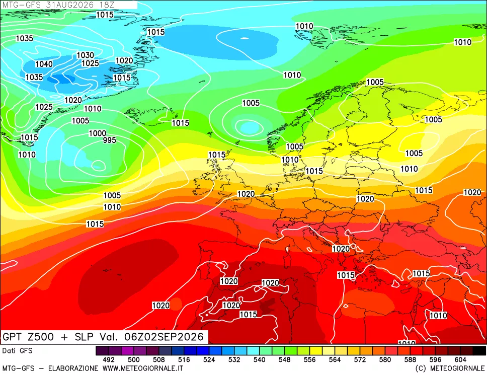 mappa GFS: Geopotenziale a 500 hPa + Pressione sul livello del mare