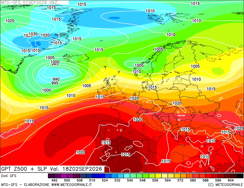 mappa GFS: Geopotenziale a 500 hPa + Pressione sul livello del mare