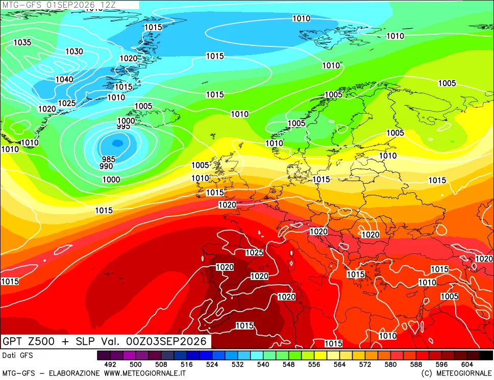 mappa GFS: Geopotenziale a 500 hPa + Pressione sul livello del mare