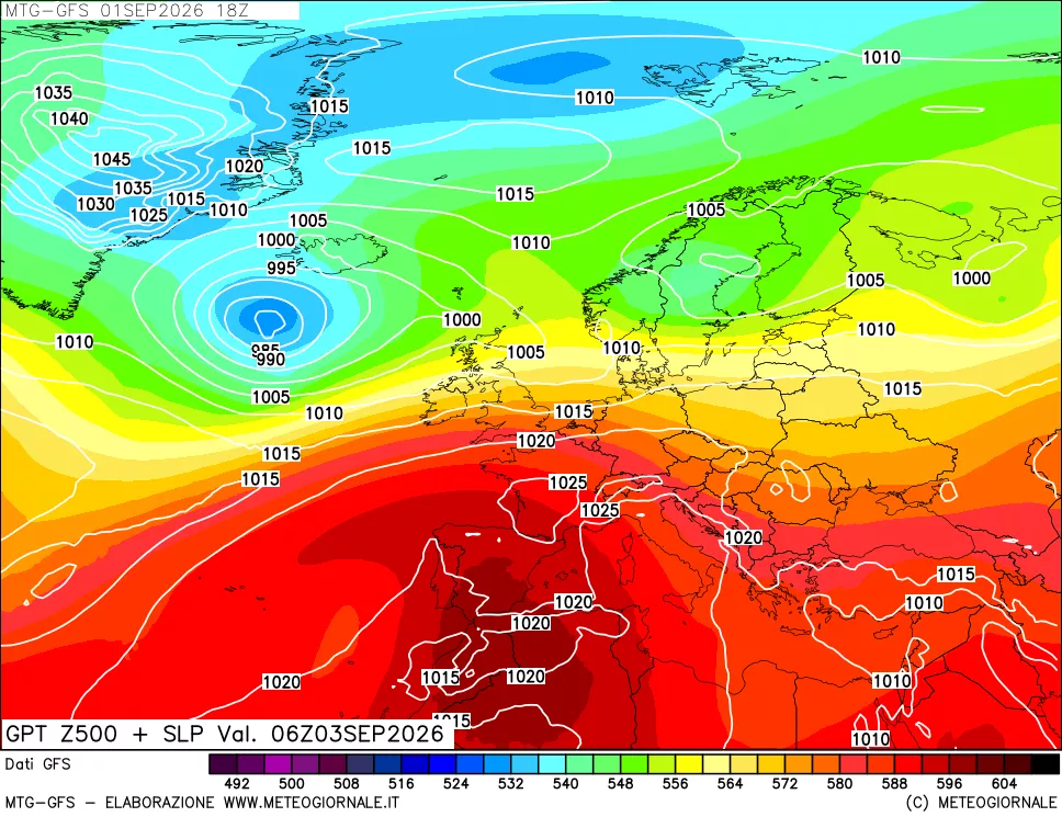 mappa GFS: Geopotenziale a 500 hPa + Pressione sul livello del mare
