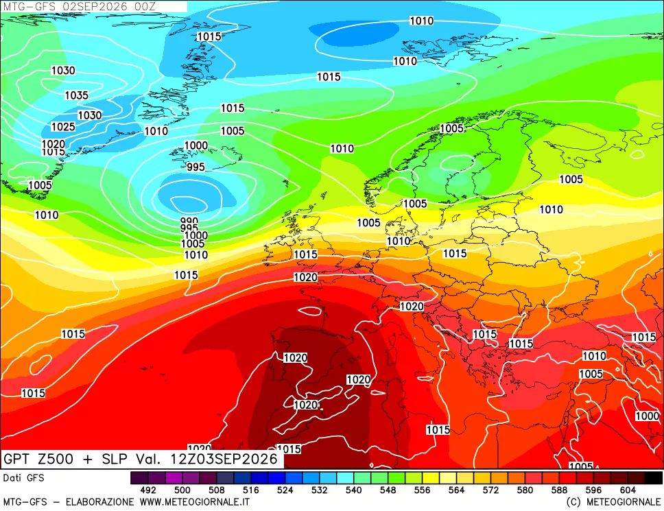 mappa GFS: Geopotenziale a 500 hPa + Pressione sul livello del mare