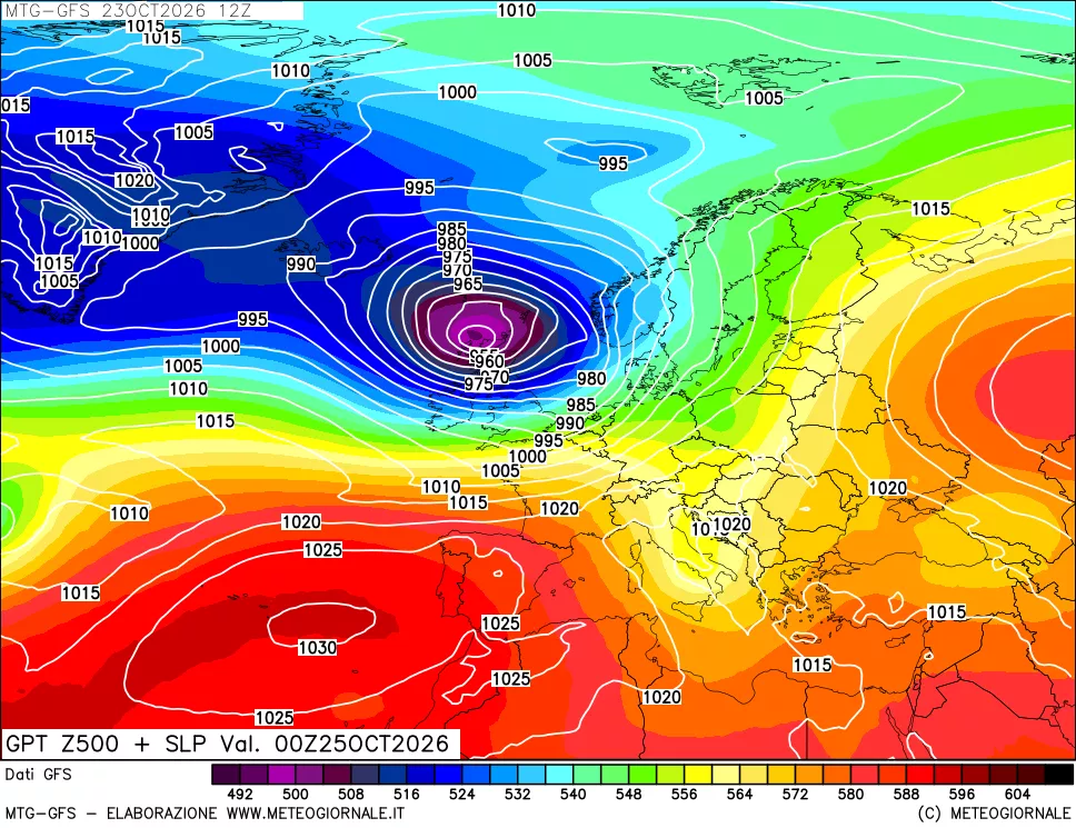 mappa GFS: Geopotenziale a 500 hPa + Pressione sul livello del mare