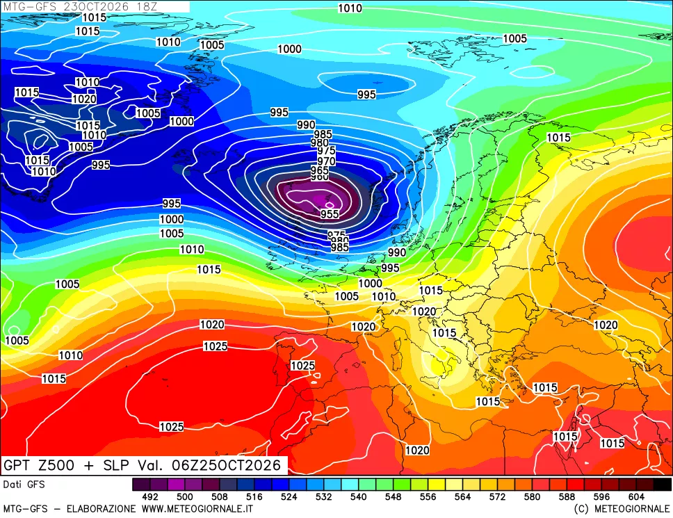 mappa GFS: Geopotenziale a 500 hPa + Pressione sul livello del mare