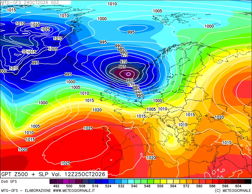 mappa GFS: Geopotenziale a 500 hPa + Pressione sul livello del mare