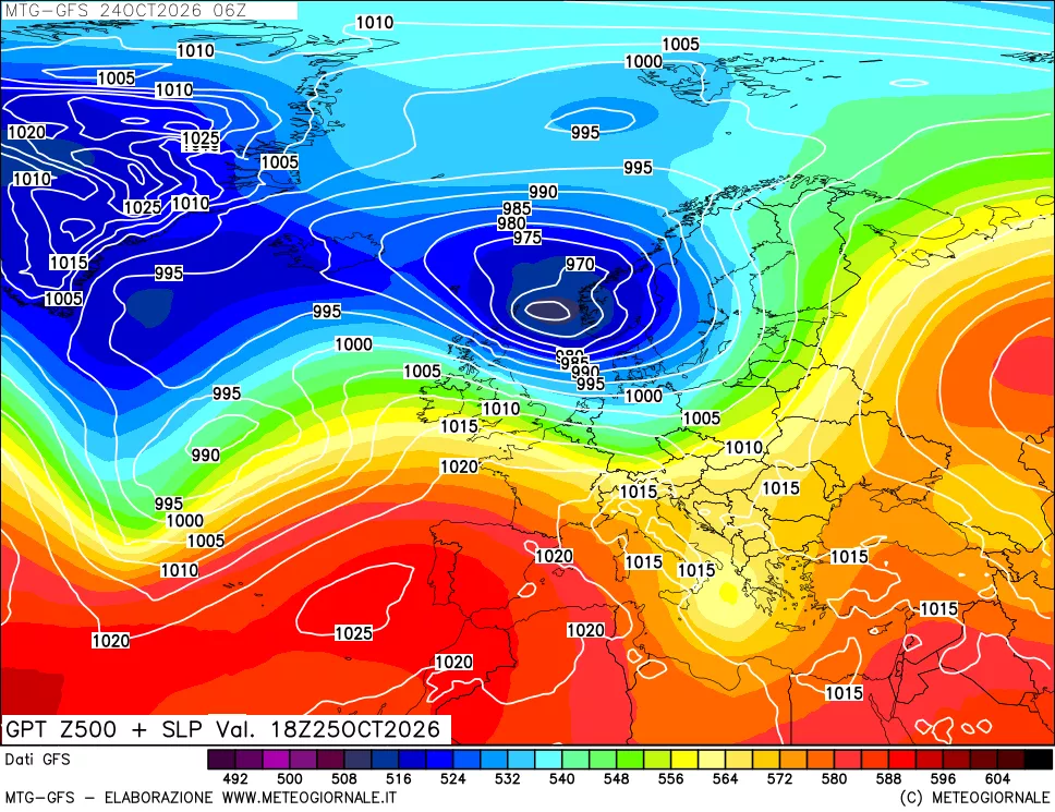 mappa GFS: Geopotenziale a 500 hPa + Pressione sul livello del mare