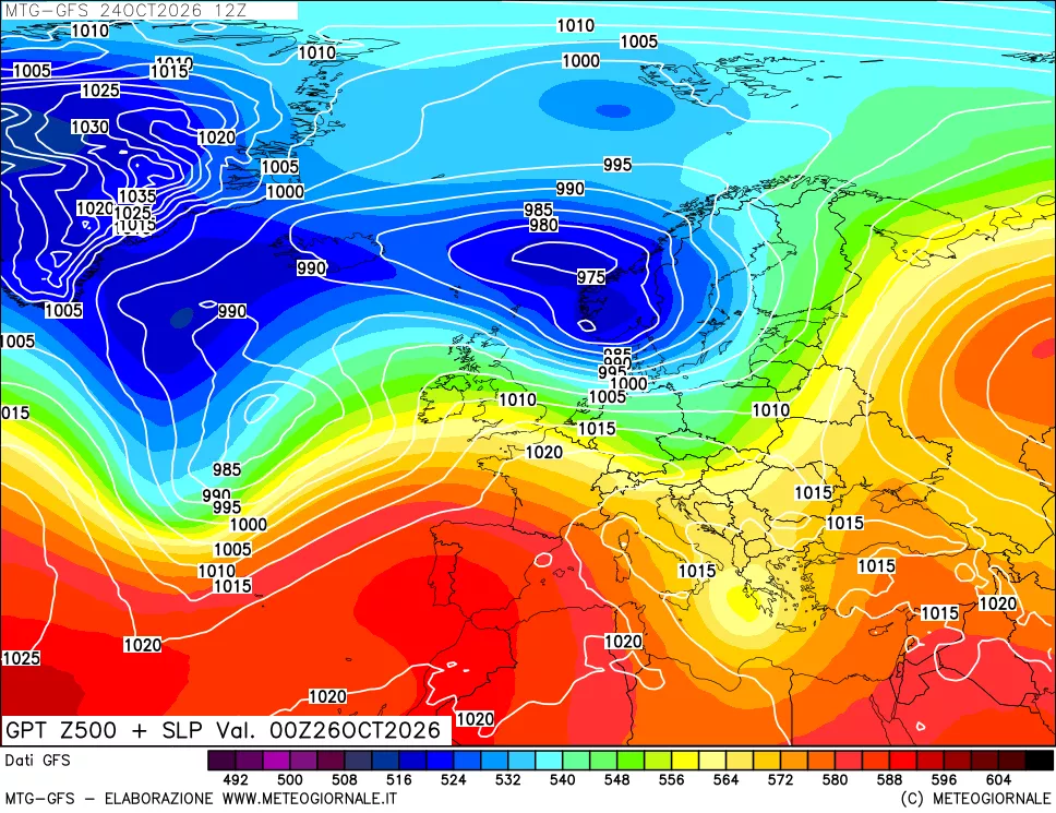 mappa GFS: Geopotenziale a 500 hPa + Pressione sul livello del mare