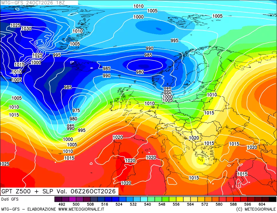 mappa GFS: Geopotenziale a 500 hPa + Pressione sul livello del mare