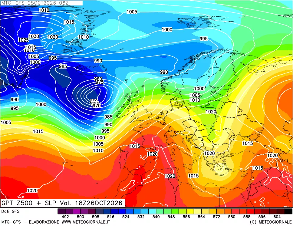 mappa GFS: Geopotenziale a 500 hPa + Pressione sul livello del mare