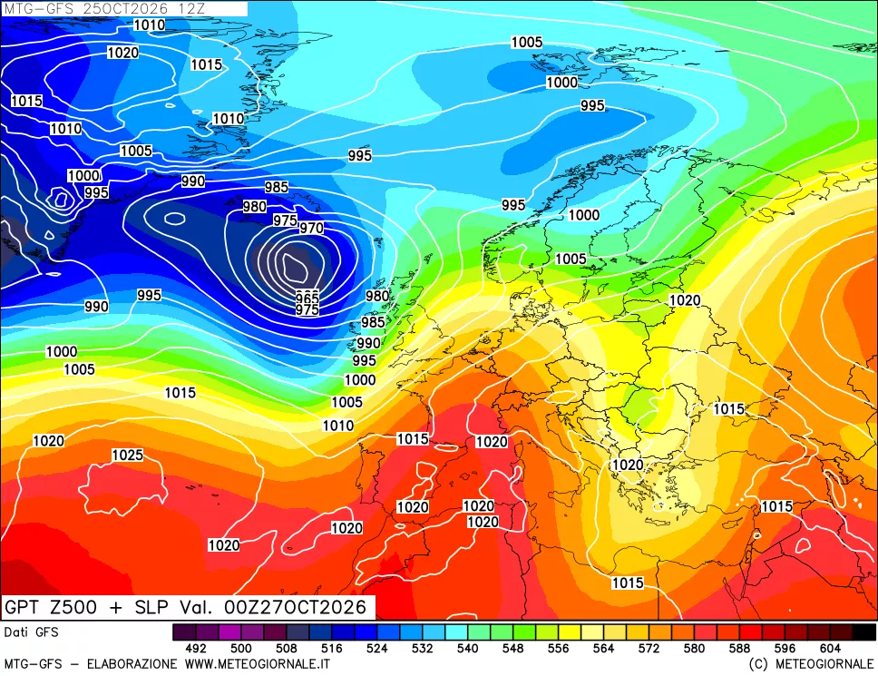 mappa GFS: Geopotenziale a 500 hPa + Pressione sul livello del mare